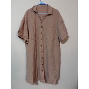 Womens 3XL Beige Gauze Shirt Dress Button Down Short Sleeve Casual Oversized
